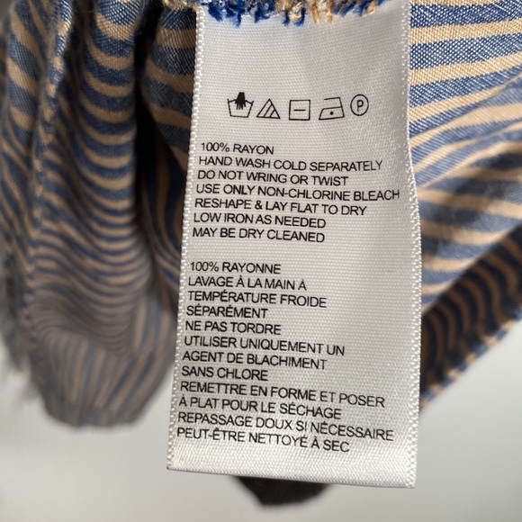 Ecote Women's Blue & Brown Striped Rayon Wrap Mini Dress Flare Sleeve size Small - Picture 7 of 8